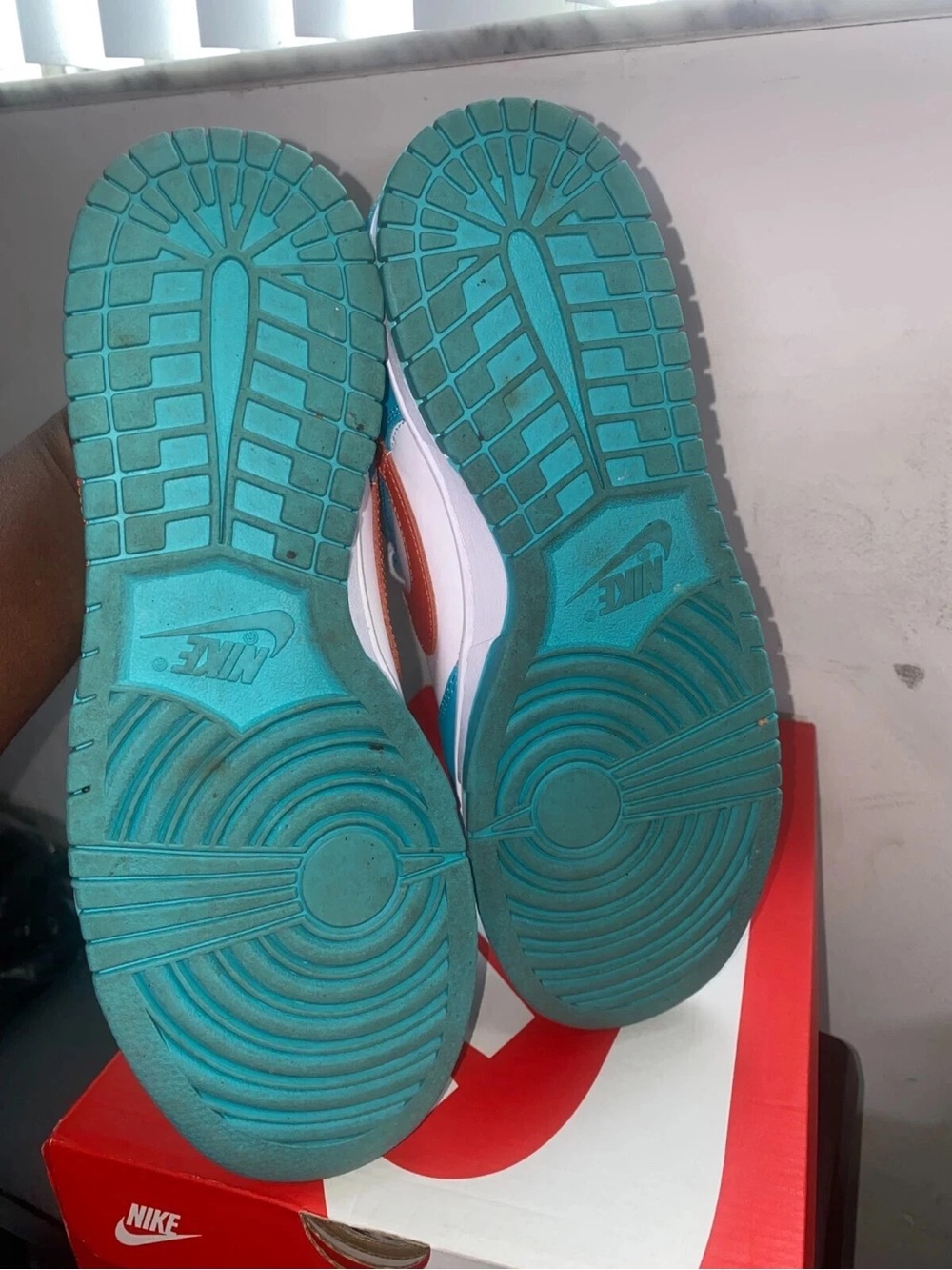 Nike Kids' Dunk Low Retro Sneakers - White/Teal/Orange Miami dolphins Sz 10 - Picture 4 of 7